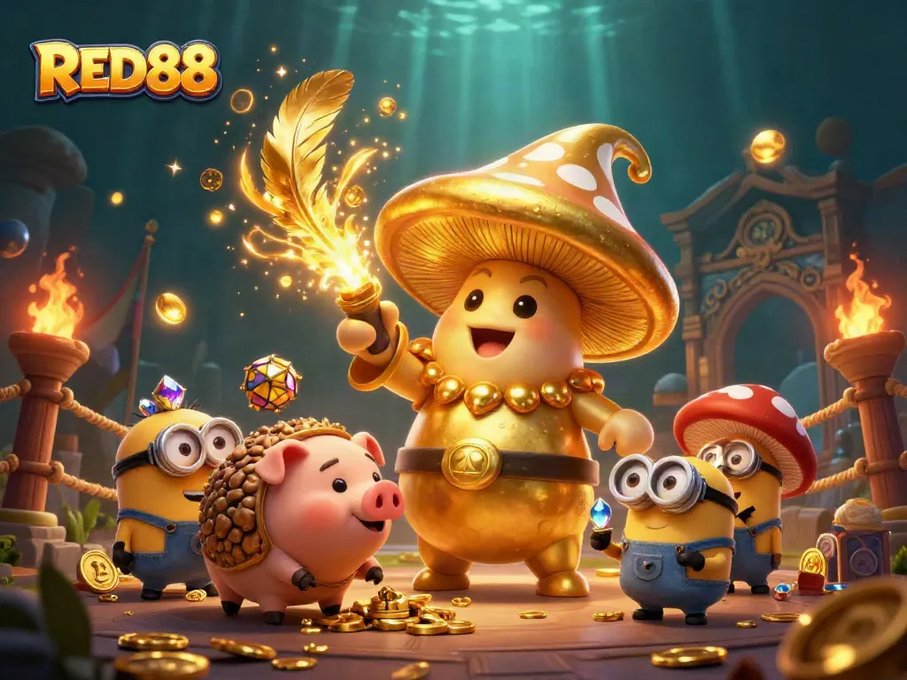 Spin for gold treasures at RED88 with a magical scene featuring a golden mushroom wizard.