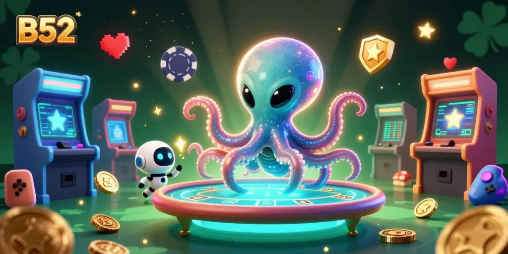 B52 gambling theme featuring an alien octopus engaging in poker with asteroid chips