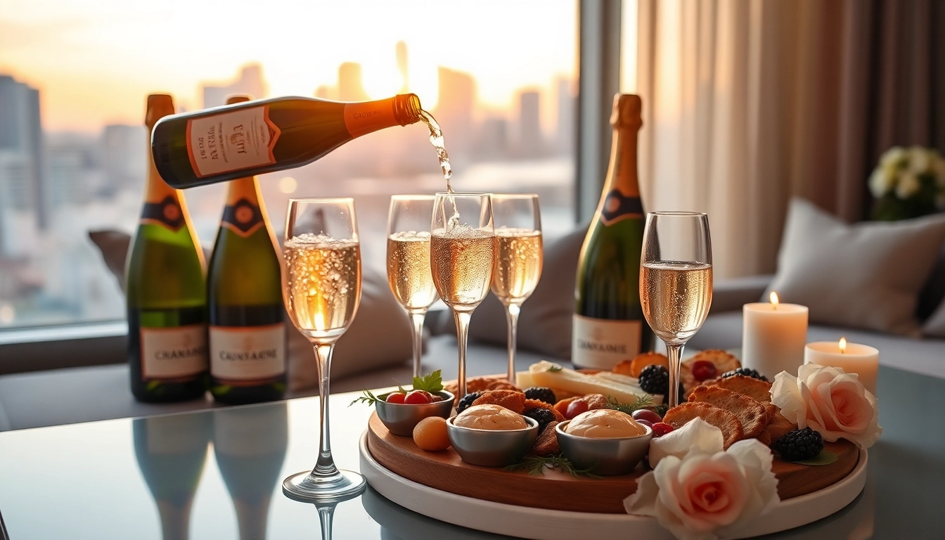 Experience champagne delivery Toronto with elegant flutes and a vibrant city skyline.
