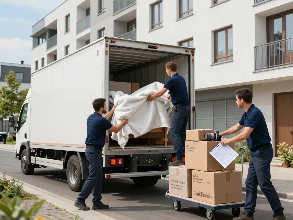 Professionelles Umzugsteam lädt den Lkw für das Umzugsunternehmen Hannover, das Teamarbeit und Effizienz zeigt.