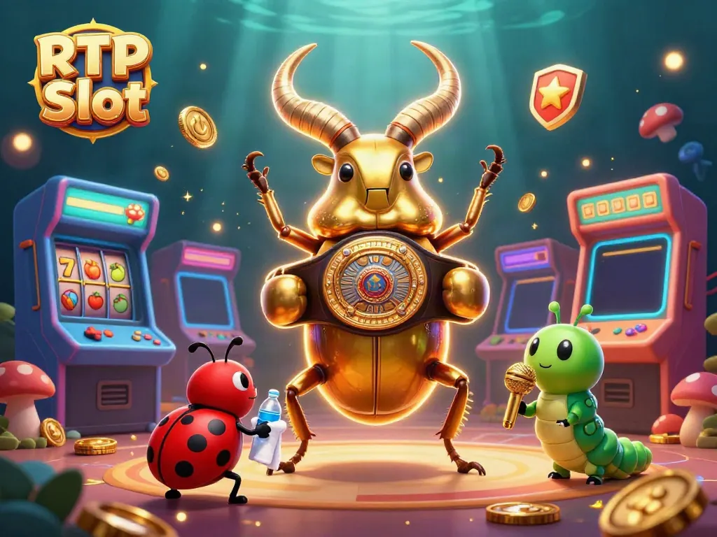 Experience the thrills of RTP Slot with a 3D golden stag beetle champion and vibrant gaming elements.