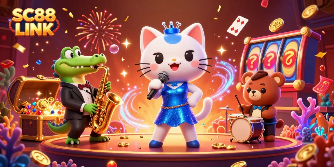 Engage with SC88 LINK as the vibrant jazz-singer cat performs on a casino stage surrounded by energetic characters and gaming elements.