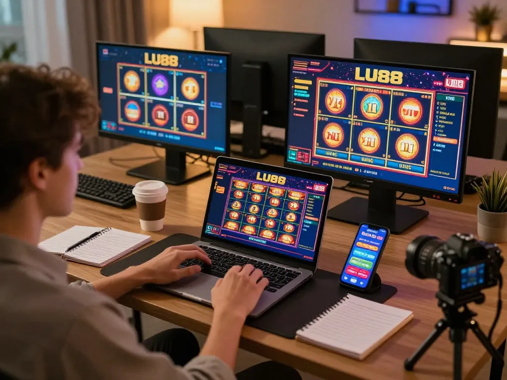 Engaging online gaming experience on LU 88 with slots displayed on laptop amidst warm ambiance.