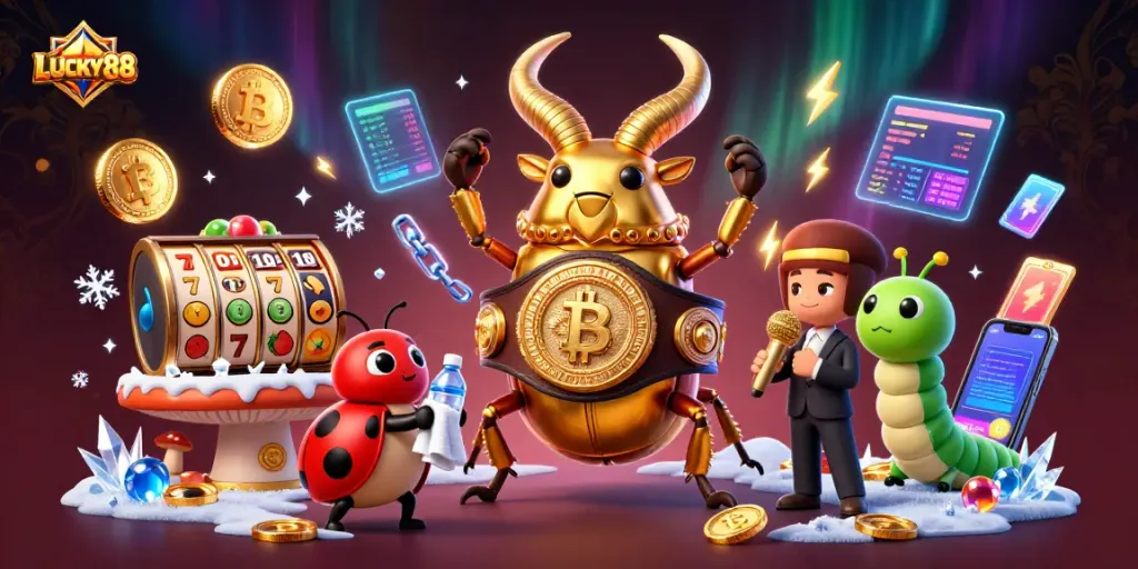 Engage with LUCKY88 by spinning slot reels in a vibrant casino-themed illustration featuring unique characters.
