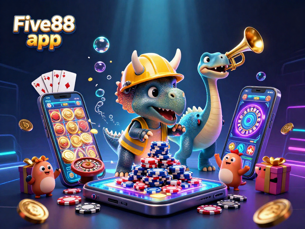 Experience thrilling wins with the Five88 app as a triceratops builds poker chip pyramids in a festive scene.