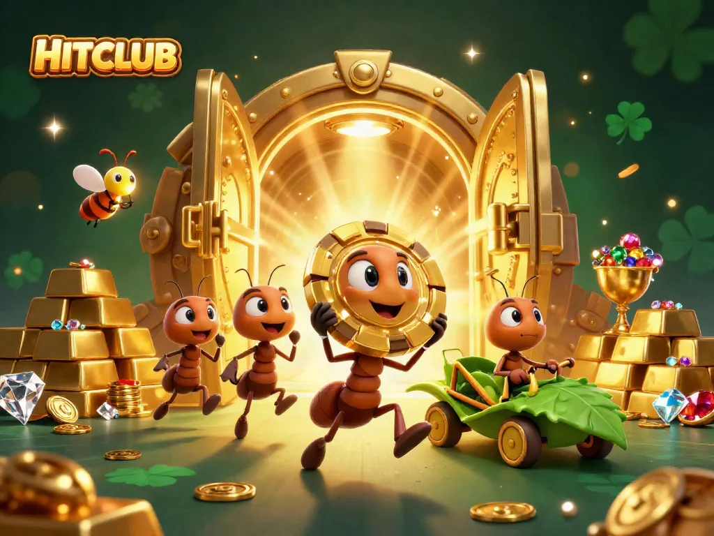 HITCLUB team of cartoon ants carrying a giant poker chip in a vibrant casino heist scene.