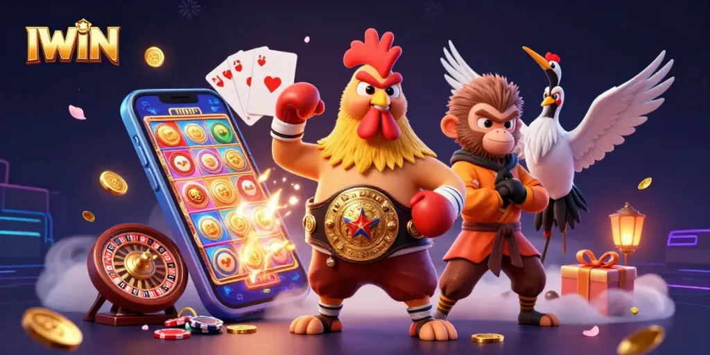 IWIN gaming features a dynamic 3D scene with martial artists and vibrant casino elements.
