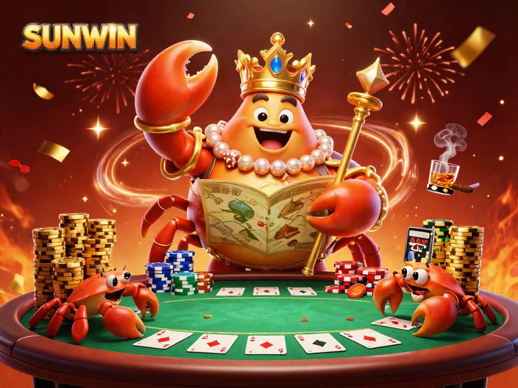 SUNWIN’s golden crab emperor oversees a vibrant poker scene filled with chips and cards.