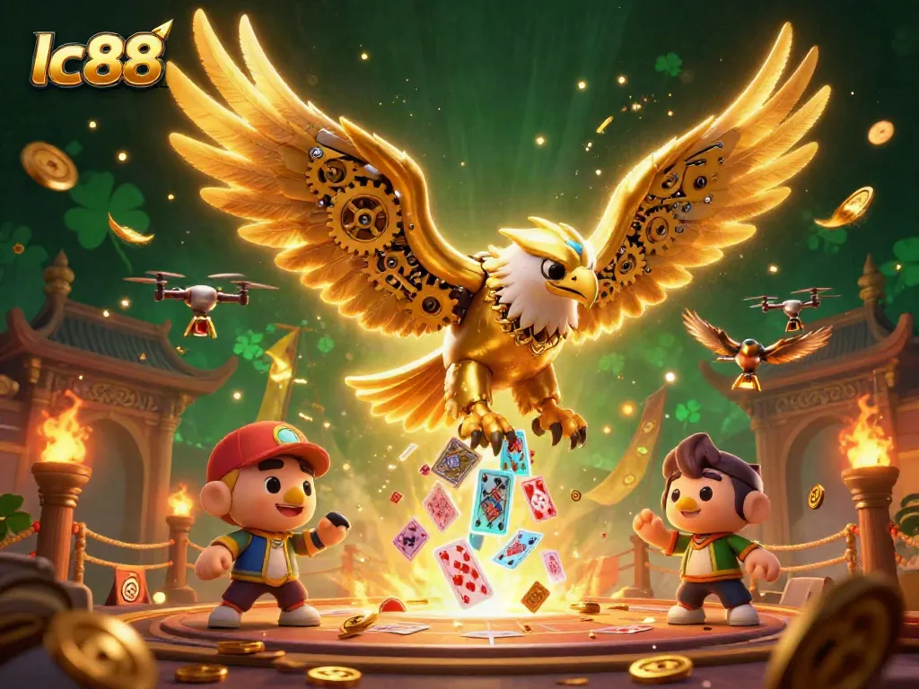 Experience thrilling lc88 gaming with a golden eagle soaring through a cascade of holographic cards.