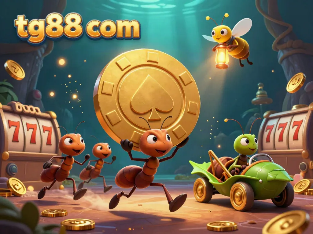 Experience the thrilling heist of ants carrying a golden poker chip at tg88 com, showcasing lively casino elements.