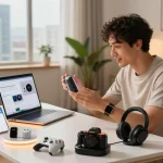 Excited young man testing the best tech gadgets for men in a stylish home office.