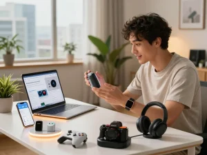 Excited young man testing the best tech gadgets for men in a stylish home office.