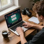 Engaged player strategizing poker gameplay on ai88bet, focused on laptop screen with betting options while surrounded by notes.