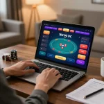 Engaged player using ee88 online gaming platform at home, showcasing vibrant poker interface and strategic notes