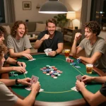 Players enjoying a lively poker night with friends at home, showcasing the spirit of jus77 gaming.
