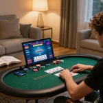 Engaged in an online game bài while evaluating poker strategy in a cozy home setting