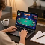 Bermain poker di kasino rokok88 dari pengaturan rumah modern dengan catatan strategi.