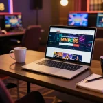 Experience the thrill at trang chủ MM88 while using a laptop in a cozy home gaming setup.