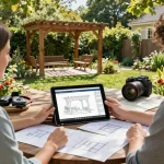Couple designing a custom pergola using Pergola Configurator Software in their garden, showcasing augmented reality features and design tools.