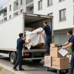 Professionelles Umzugsteam lädt den Lkw für das Umzugsunternehmen Hannover, das Teamarbeit und Effizienz zeigt.