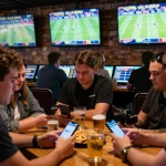 Engaged sports bettors using keonhacai to strategize on live game betting in a lively sports bar
