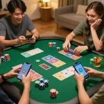 Tài xỉu online gameplay as friends strategize over smartphone bets during a cozy game night