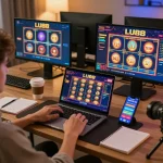 Engaging online gaming experience on LU 88 with slots displayed on laptop amidst warm ambiance.