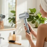 Individual using a Laifen hair dryer in a bright modern bathroom