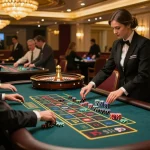 Lu 88 players engaging in a thrilling roulette game at a vibrant casino, showcasing excitement and strategy