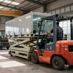 Machinery movers safely relocating heavy equipment in a bright warehouse setting, showcasing teamwork and specialized lifting techniques.