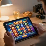 Player enjoying a thrilling online slot gacor game on a tablet, showcasing colorful spinning reels.