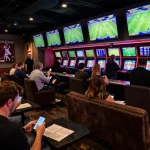 Engaged bettors using nowgoal app for live sports betting in an upscale lounge.