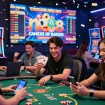 Exciting MM88 online casino gaming scene with players celebrating wins.