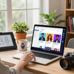 Interactive CrushOn AI chat scene showing vibrant character avatars in a modern home office.