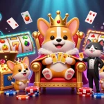 Join the excitement at nk88 win with a royal corgi on a throne surrounded by vibrant slot game elements.