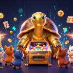 Play thrilling slots at Vin88 with a golden tortoise-jackpot-themed scene filled with treasures.