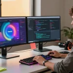 Engaging workspace scene featuring a developer coding with Crush AI on dual monitors, surrounded by tech elements.