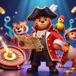 Experience thrilling gk88 gameplay with a pirate bear and his tiger friend amidst gold coins and gaming elements.