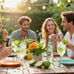 Lime Ricky drinks at a summer garden party with friends enjoying vibrant flavors and fresh garnishes.