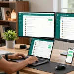 Professional using WhatsApp網頁版 on a laptop in a modern workspace with dual monitors and tech gadgets.