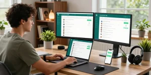 Professional using WhatsApp網頁版 on a laptop in a modern workspace with dual monitors and tech gadgets.