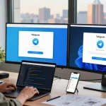 Developer using Telegram download on dual monitors in a bright office.