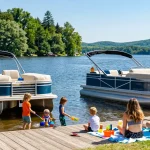 Pontoon boats for sale at the scenic Mountain Trout House Marina on Kawagama Lake.