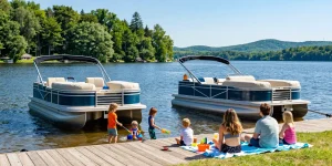 Pontoon boats for sale at the scenic Mountain Trout House Marina on Kawagama Lake.