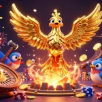 Engage with rokok88's excitement through a vivid scene of a molten phoenix amidst casino treasures.