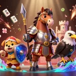 Experience dynamic gaming at 6623 with a lively medieval knight, playful squire, and falcon amidst casino symbols.