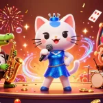 Engage with SC88 LINK as the vibrant jazz-singer cat performs on a casino stage surrounded by energetic characters and gaming elements.