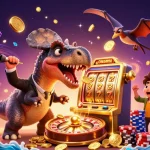 Experience fun with m88 link as dinosaurs celebrate a jackpot win at the casino.