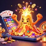 Engage with thrilling slot games at tv88, featuring a golden volcano erupting coins and treasures.
