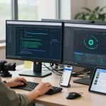 快连 tech support technician troubleshooting connection issues in a modern office environment.
